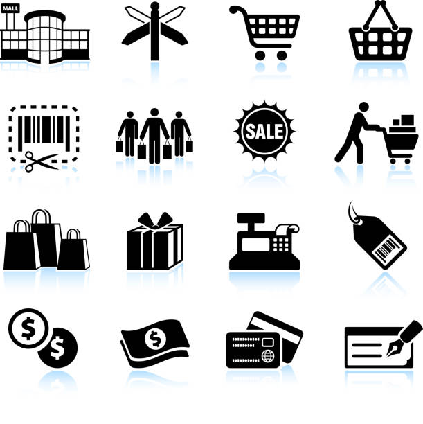 ilustraciones, imágenes clip art, dibujos animados e iconos de stock de centro comercial & blanco negro sin royalties de conjunto de iconos vectoriales - cash register wealth coin currency