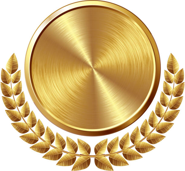 Gold medal Gold brushed medal with wreath. metal laurel wreath stock illustrations