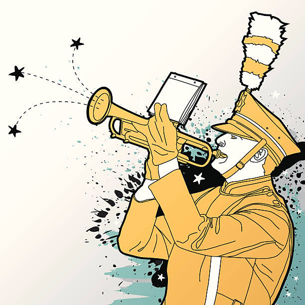 ilustraciones, imágenes clip art, dibujos animados e iconos de stock de banda trompetista - trumpet brass instrument marching band musical instrument