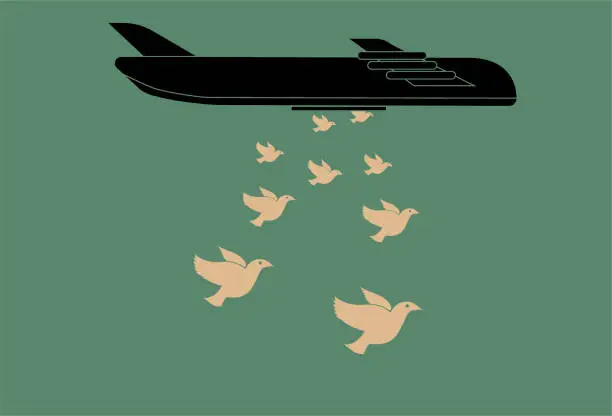 Vector illustration of Bombers dropped doves of peace, anti war, peace posters.