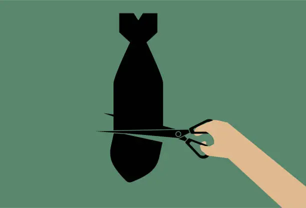 Vector illustration of Cut the bomb with scissors, anti war, peace poster.