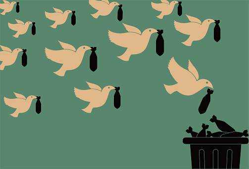 Peace dove throws bombs into trash can, anti-war, peace poster.