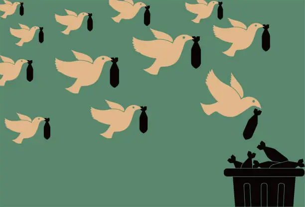 Vector illustration of Peace dove throws bombs into trash can, anti-war, peace poster.