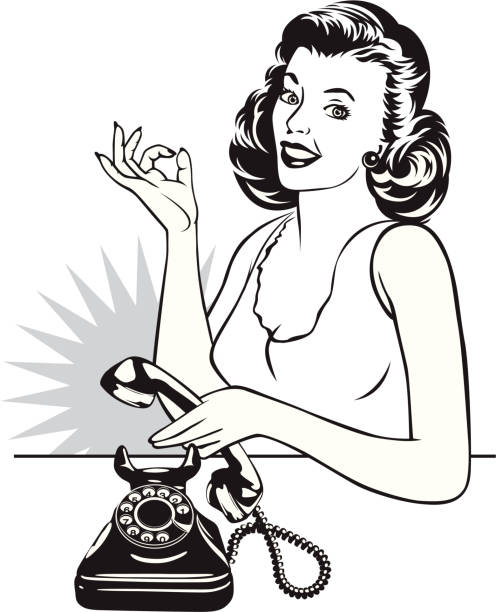 retro hausfrau und telefon - conference phone illustrations stock-grafiken, -clipart, -cartoons und -symbole