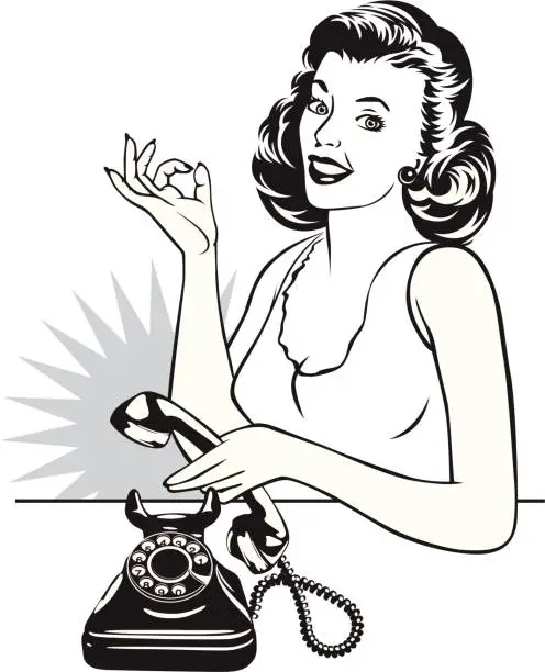 Vector illustration of retro housewife and phone