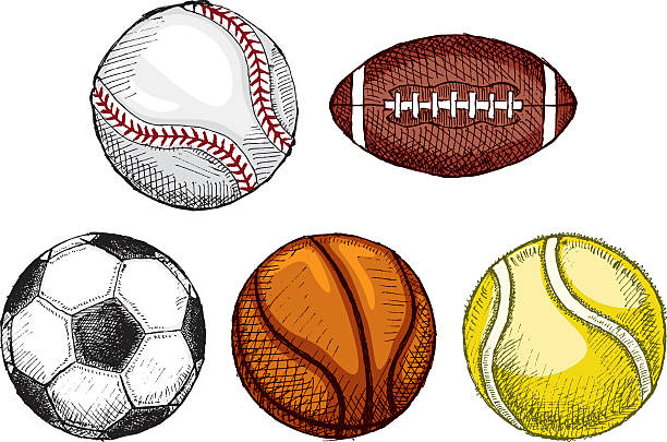 An illustrated montage of sports balls Sport balls in sketch style. soccer drawings stock illustrations