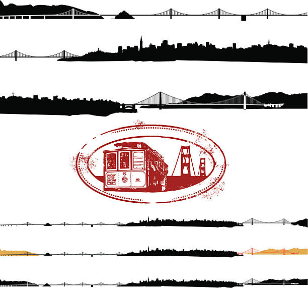 cały sf - cable car san francisco county golden gate bridge skyline stock illustrations