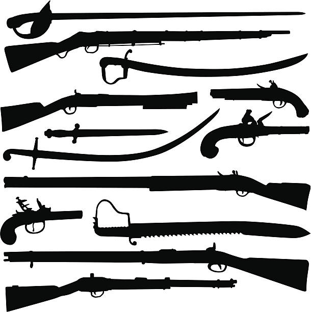 ilustraciones, imágenes clip art, dibujos animados e iconos de stock de arma siluetas de antigüedades - rifle
