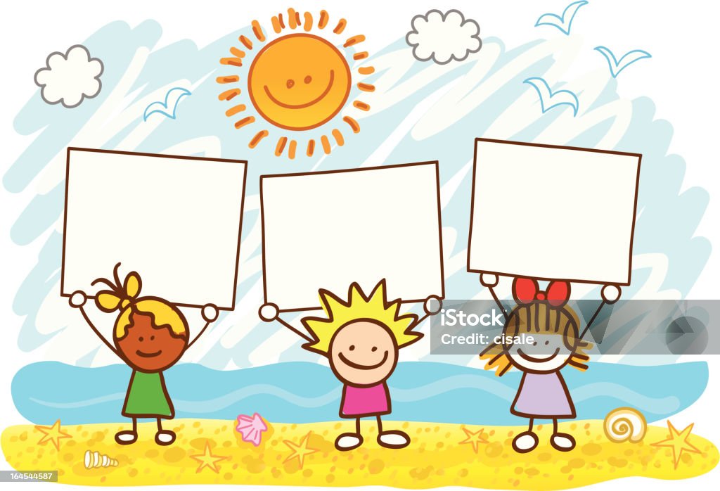 Bambini felici con banner di estate spiaggia illustrazione fumetto - arte vettoriale royalty-free di Bambino