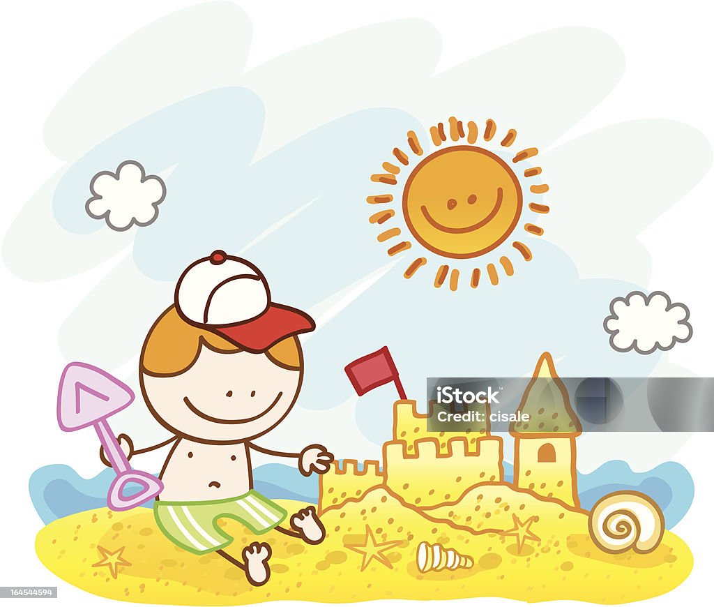 happy little mignon petit garçon et château de sable sur la plage de dessin illustration - clipart vectoriel de Aliment surgelé libre de droits