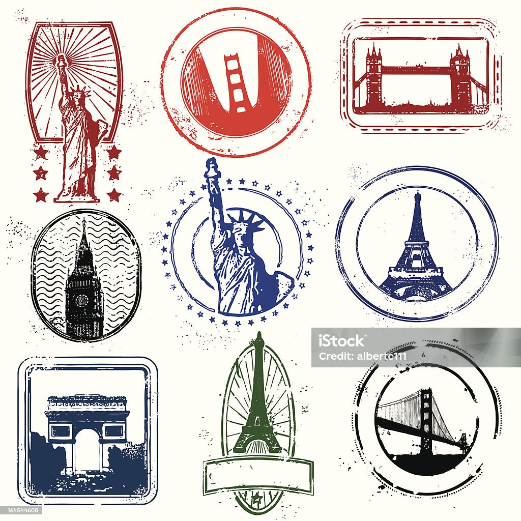 Traveling stamps of the west Distressed Architecture Traveling Stamps Passport Stamp stock vector