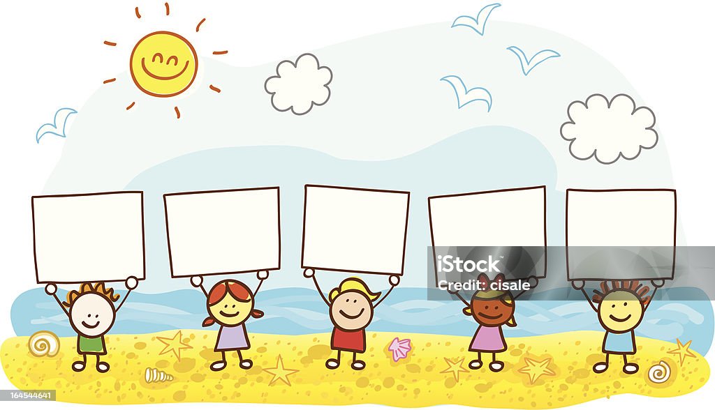 Niños felices amigos sosteniendo un banner en la playa de verano ilustración dibujo animado - arte vectorial de Reglas libre de derechos