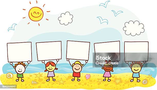 Enfants Heureux Amis Tenant Bannière Illustration De Dessin Animé De Lété Sur La Plage Vecteurs libres de droits et plus d'images vectorielles de Règles