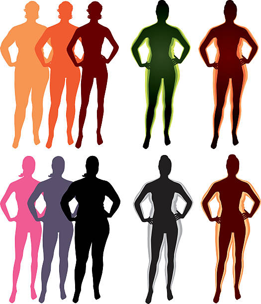 A colorful picture symbolizing weight loss Illustrations representing woman silhouettes related to losing weight, or getting fatter. slim woman body stock illustrations
