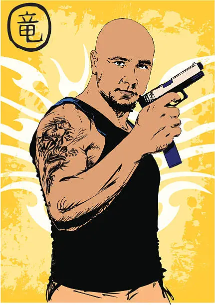 Vector illustration of Gang member with gun - Dragon tribal style