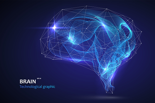 Brain graphic made of streamlined particles, vector illustration.