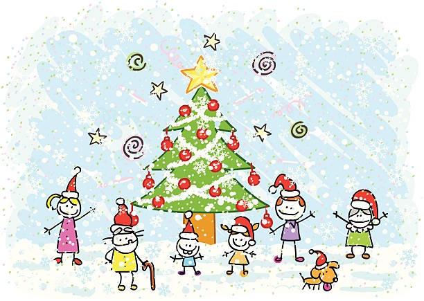 christmas tree and family vector art illustration