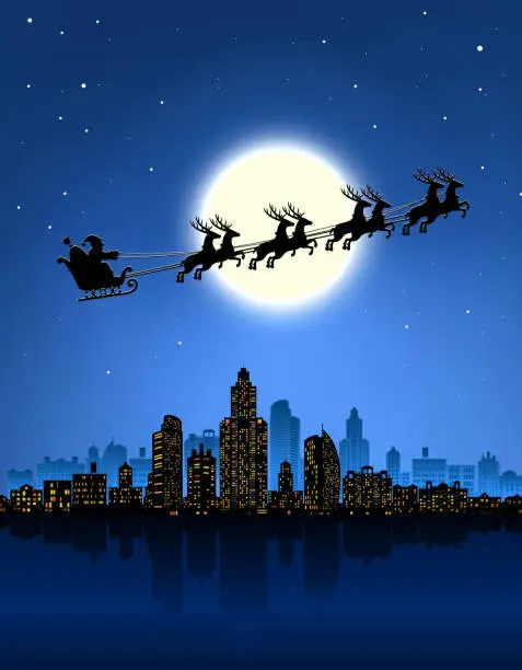 Vector illustration of Santa's sleigh over urban skyline panoramic.