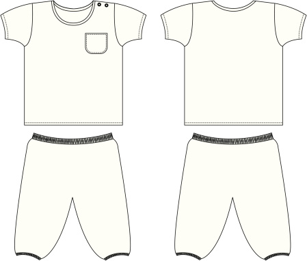 Fashion template of boys short sleeved pyjama set. Front & back view of t-shirt top and pants.