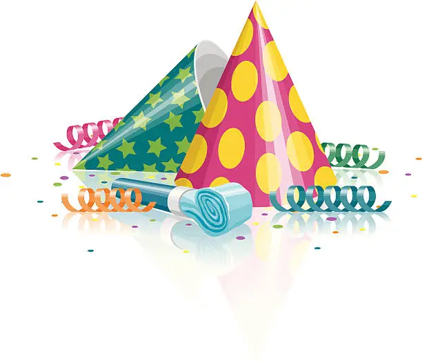 Vector illustration of Party Hats, Noisemaker, Confetti and Streamers