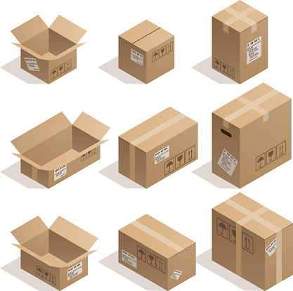 Set of nine isometric cardboard boxes isolated on white.