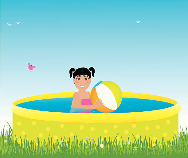 Pool Fun "A little girl playing with her beach ball in the wading pool. Gradients were used. Extra large JPG, thumbnail JPG, and Illustrator 8 compatible EPS are included." polka dot bathing suit stock illustrations