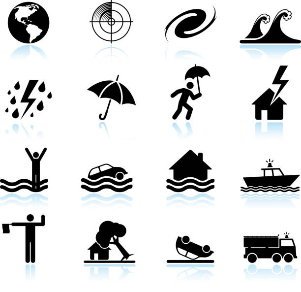 illustrations, cliparts, dessins animés et icônes de ouragan, tempête tropicale noir & blanc vecteur ensemble d'icônes - thunderstorm lightning storm monsoon