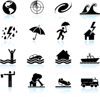 Hurricane and tropical storm black & white icon set
