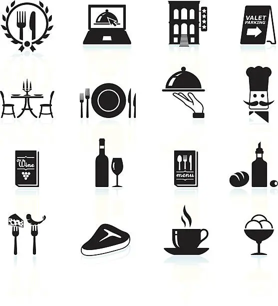Vector illustration of Fine restaurant dining and dinner reservations black & white icons