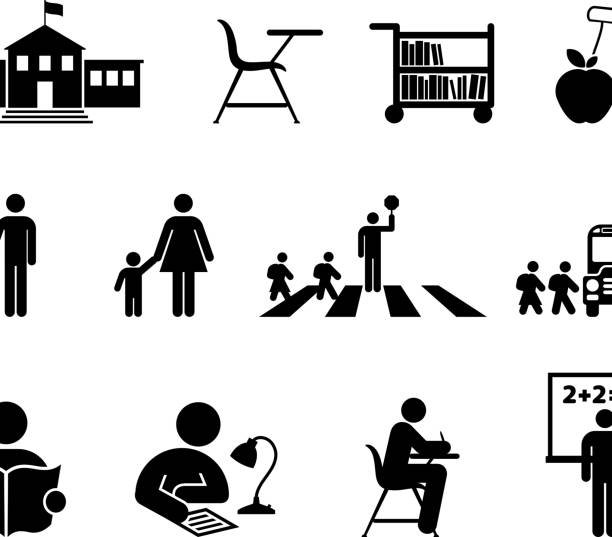 illustrazioni stock, clip art, cartoni animati e icone di tendenza di scuola e istruzione in bianco e nero icona set vettoriale - child book reading offspring