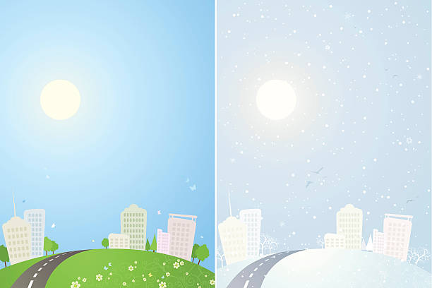 Summer and winter city background The same city in summer and in winter with blank space in the sky for your text. All objects are grouped for easy editing. Large jpeg included. snow road stock illustrations