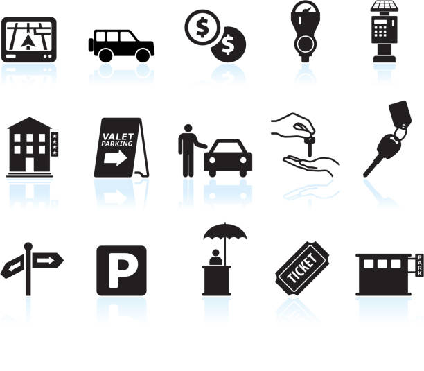 parkmöglichkeiten schwarz & weiß lizenzfreie vektor icon-set - parkvergehen strafzettel stock-grafiken, -clipart, -cartoons und -symbole