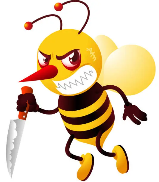 Vector illustration of Killer bee holding knife with mad face