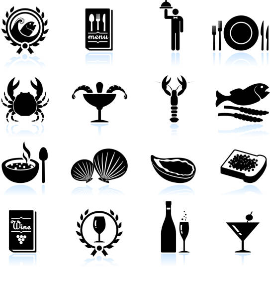 Quality Seafood restaurant black & white vector icon set Quality Seafood restaurant black & white set chowder stock illustrations