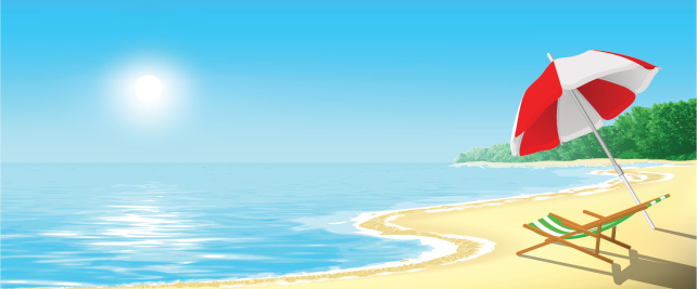 Sandy beach with umbrella and sun loungers. Vector illustration.