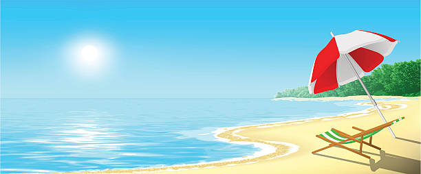 Beach Sandy beach with umbrella and sun loungers. Vector illustration. island illustrations stock illustrations