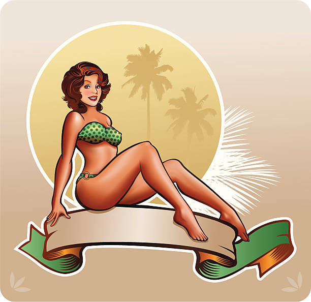 ilustrações de stock, clip art, desenhos animados e ícones de pinup menina com banner - image created 1960s 1960s style beach women