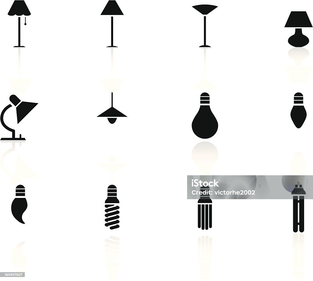 Iconos en blanco y negro de luces - arte vectorial de Lámpara eléctrica libre de derechos