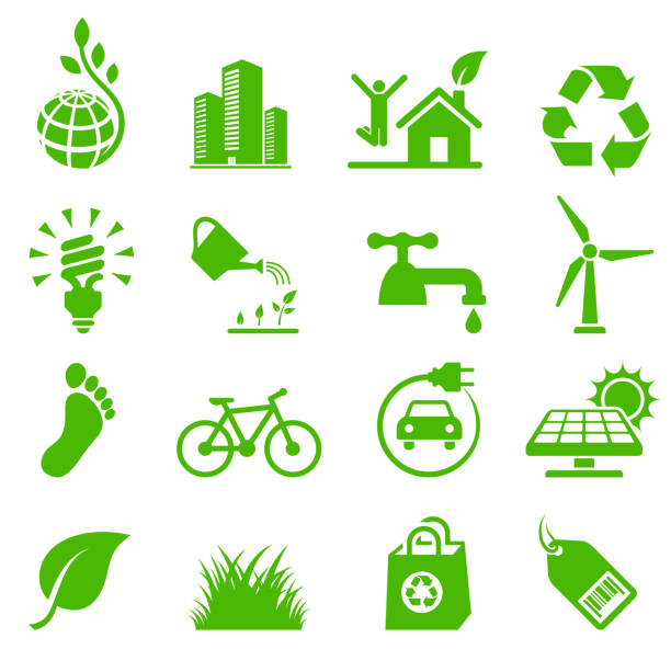 ilustrações de stock, clip art, desenhos animados e ícones de vida ecológica a conservação do ambiente e reciclagem ícone conjunto vector - man energy turbine