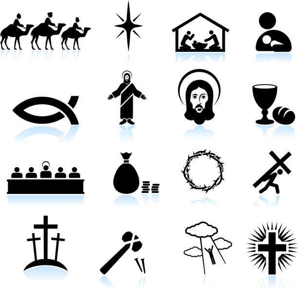 illustrazioni stock, clip art, cartoni animati e icone di tendenza di gesù cristo bianco e nero set icone vettoriali royalty-free - god crucifix cross human hand