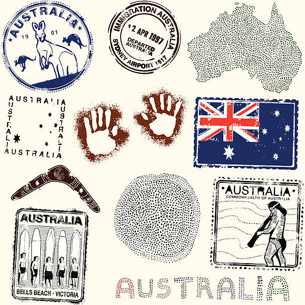 In the land of downunda  wunda! Series of stylized Australian retro/vintage passport style graphics and stamps didgeridoo stock illustrations