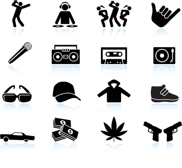 ilustrações de stock, clip art, desenhos animados e ícones de rap e hip hop a música preto & branco vector conjunto de ícones - gangsta rap