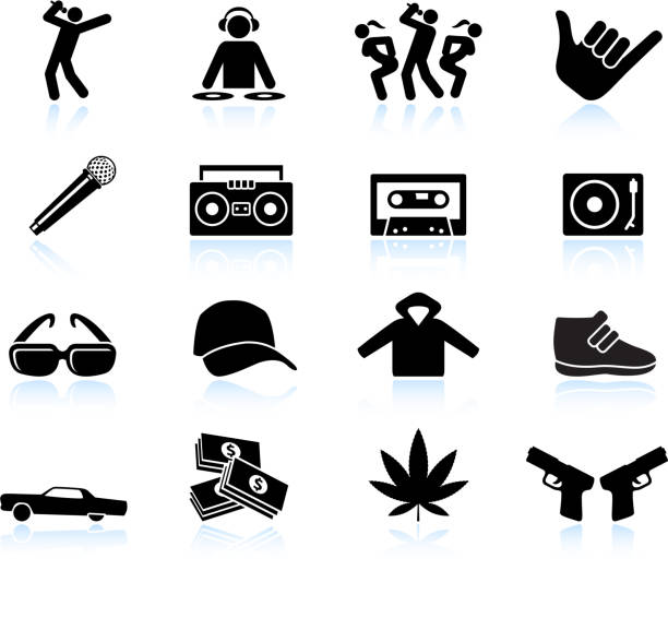 Rap and hip-hop music black & white vector icon set Rap and hip-hop music black & white icon set bonnet hat stock illustrations
