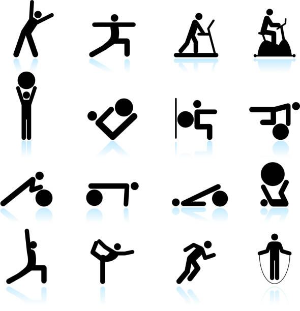 Fitness yoga and palates exercise black & white icon set Fitness yoga and palates exercise black & white icon set touching toes stock illustrations