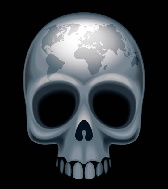 Global disaster Skull with a world map on her forehead. horror world stock illustrations