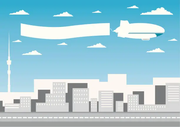 Vector illustration of Zeppelin flying over the town