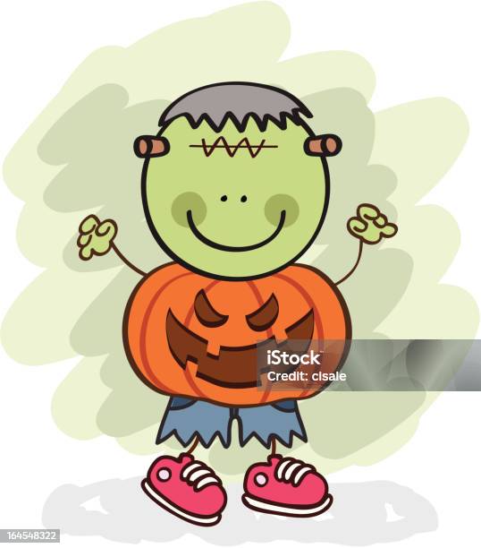 Frankenstein Bambino In Costume Zucca Illustrazione Fumetto - Immagini vettoriali stock e altre immagini di Bambini maschi