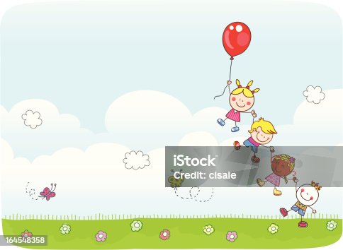 istock Children flying with balloons at nature cartoon illustration 164548358