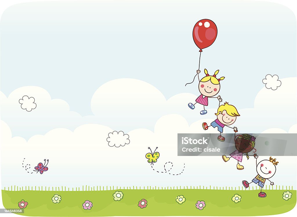 Children flying with balloons at nature cartoon illustration Please check my other doodle style children cartoon and illustrations in my lightboxes below. Child stock vector