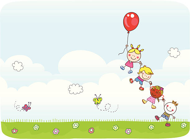 Children flying with balloons at nature cartoon illustration vector art illustration